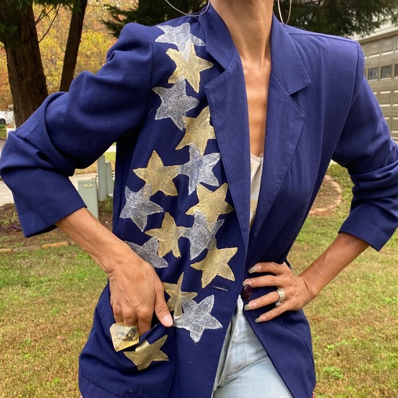 OOAK handpainted stars navy blazer 80s jacket M - Picture 4 of 5